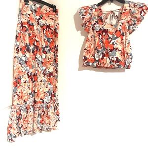 LUNA MOON Size L Boho Cottage Floral Ruffle Sleeve 2 piece Set